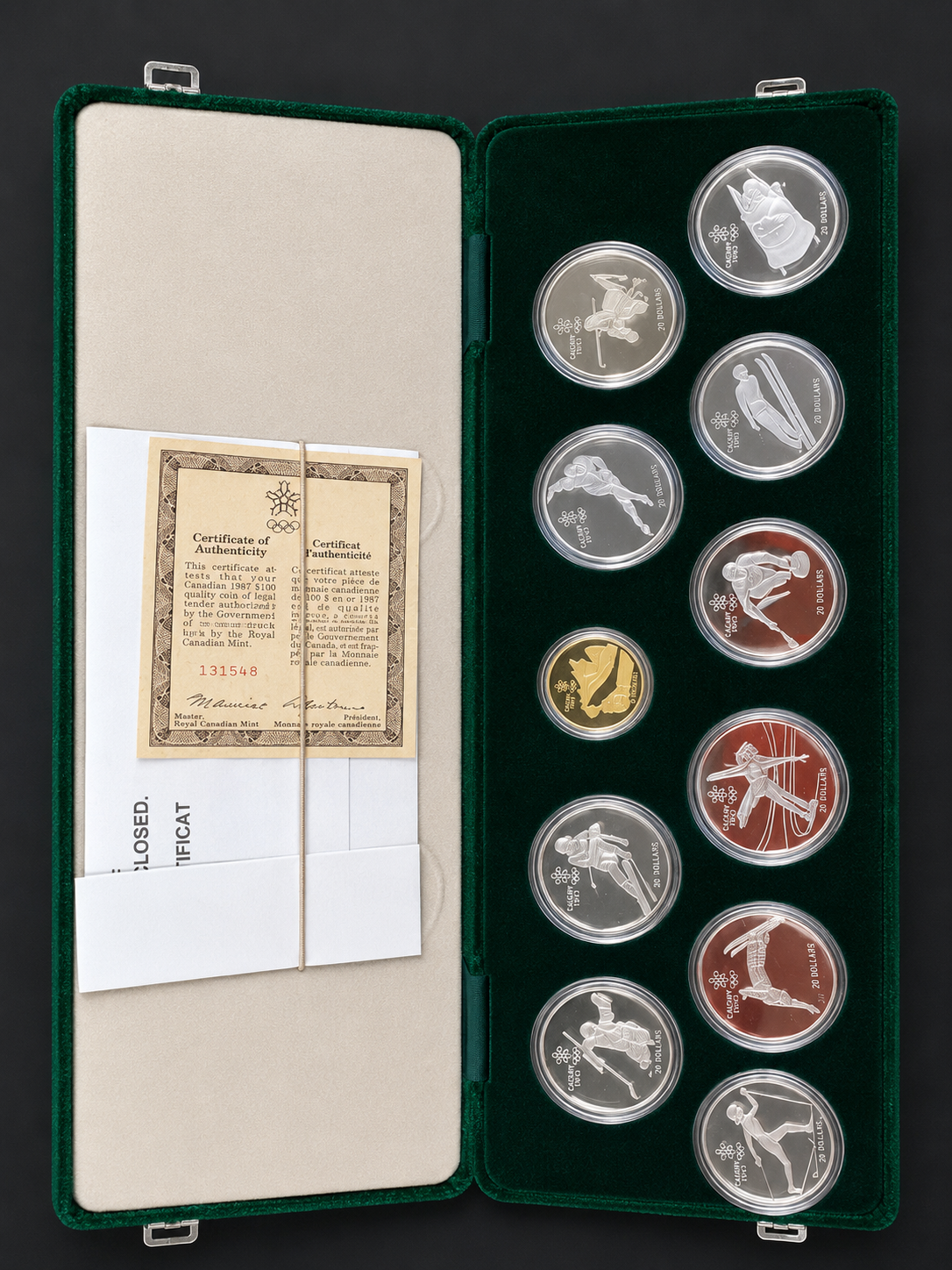 1988 Calgary XV Olympic Winter Games 10-Sterling Silver Coin Set with 1987 $100 Gold Coin